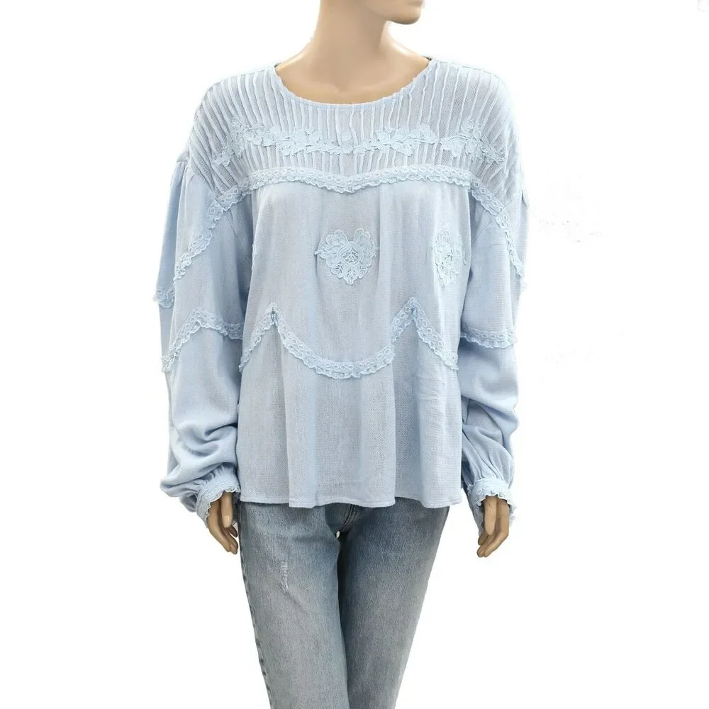 Free People Maisey Knit Top Blouse Floral Lace Embroidered Cotton XS NEW 277164